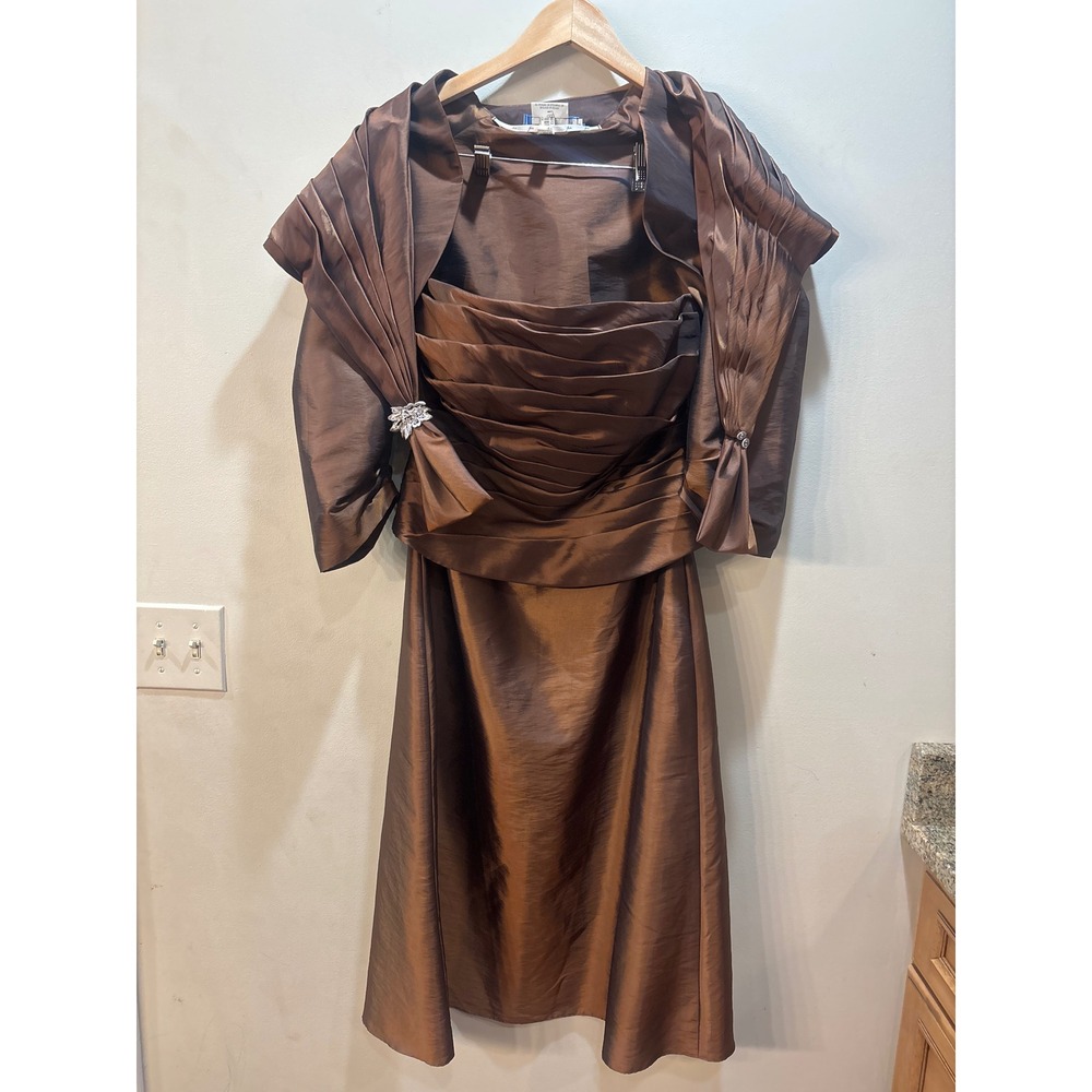 Jade by Jasmine Brown Strapless Ruched Taffeta Dress & Bolero Set Size 8/10